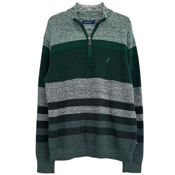 Nautica Quarter Zip Sweater Luxury Knit Colorblock Stripe Green Gray Men Size XL - Picture 10 of 16